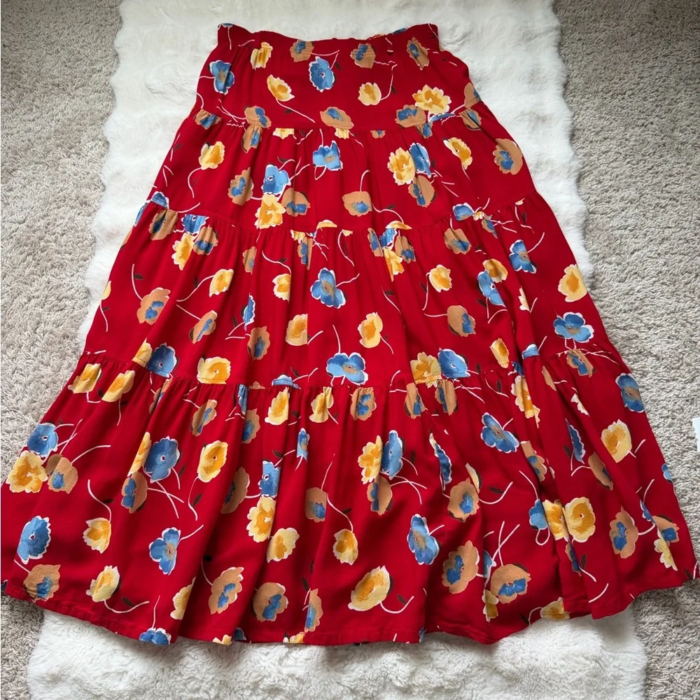 Gotca Covered Boho Vintage Rayon Floral Red Peasant Maxi Skirt - Made in USA